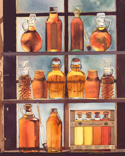 Taster of Vermont, maple syrup bottles in the window, by Lori Rapuano