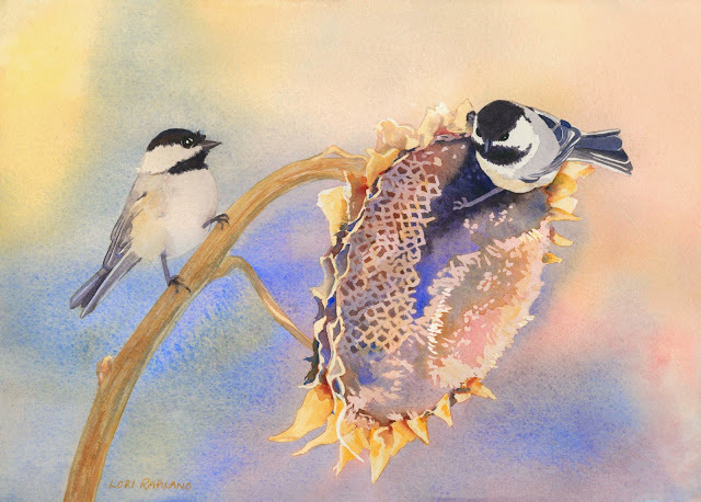 Chickadees and Sunflower by Lori Rapuano