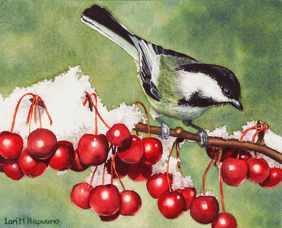 Chickadee and red winter berries by Lori Rapuano